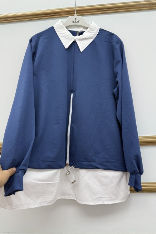 Gömlek Yaka Önü Fermuarlı Mavi