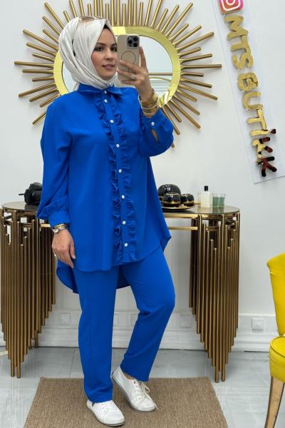 Gümüş Düğme Takım  Saks Mavisi