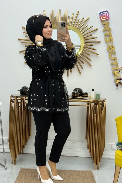 Güpür File Üçlü Takım  Siyah