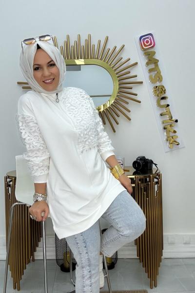 Güpür Geçişli Tunik  Beyaz