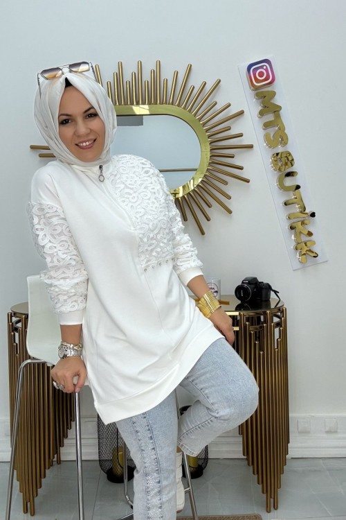 Güpür Geçişli Tunik  Beyaz