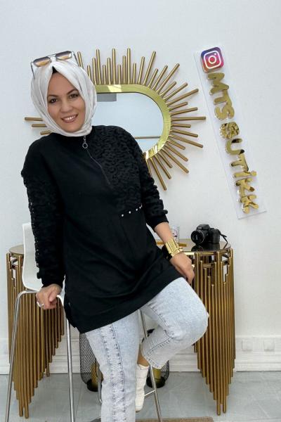 Güpür Geçişli Tunik  Siyah