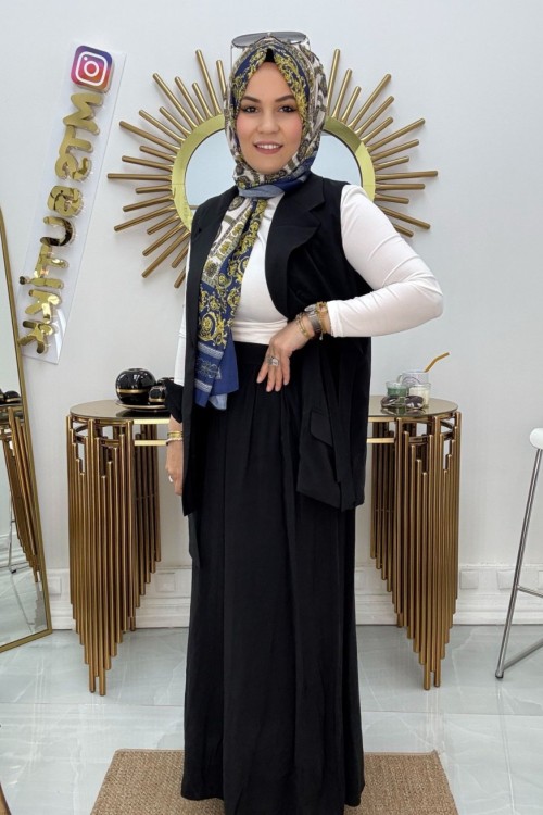 İpek Cupra Etekli Takım Siyah Kahverengi