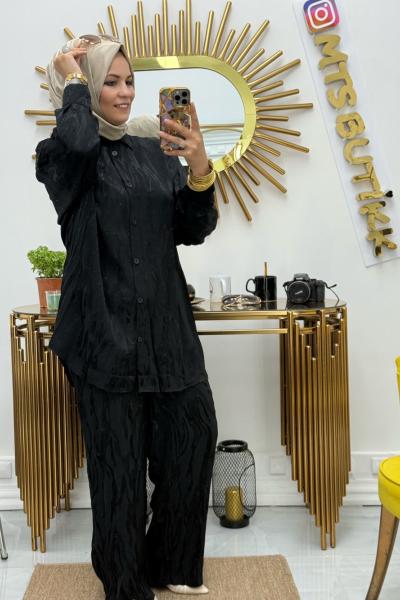 Jakarlı Saten Takım  Siyah