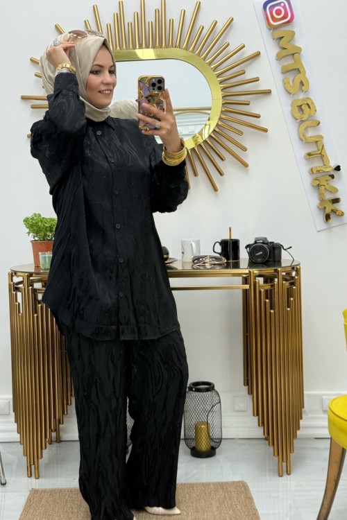 Jakarlı Saten Takım  Siyah