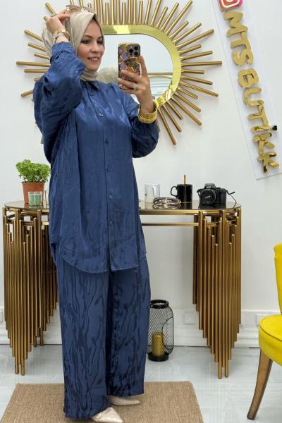 Jakarlı Saten Takım  Lacivert