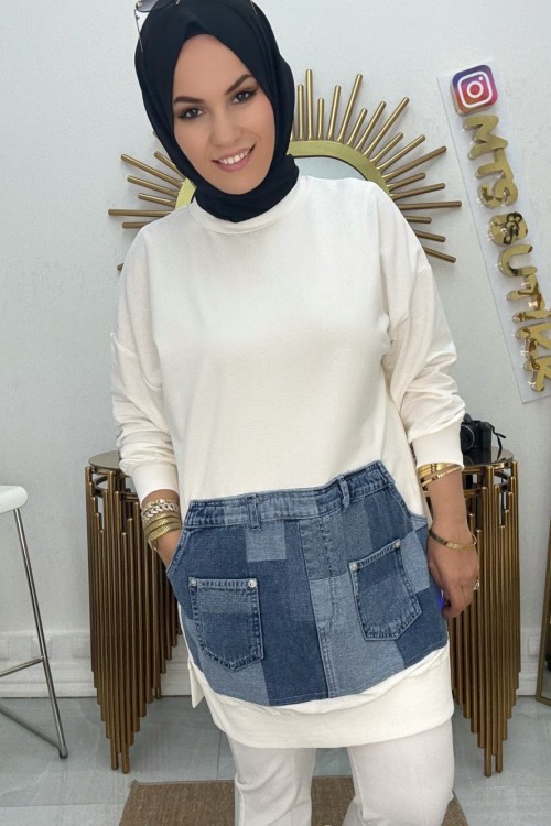 Kanguru Cep Kot Tunik  Beyaz