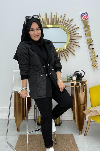 Kapitone Kaşe Mont  Siyah