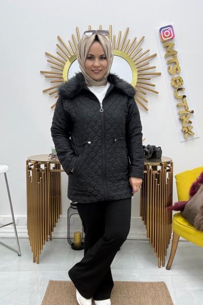 Kapitone mont kürk yaka  Siyah