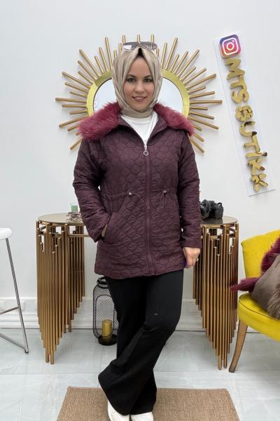 Kapitone mont kürk yaka  Bordo