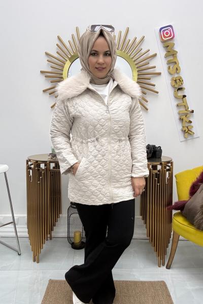 Kapitone mont kürk yaka  Bej