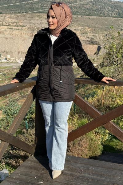 Kapitone Pelüş Mont  Siyah