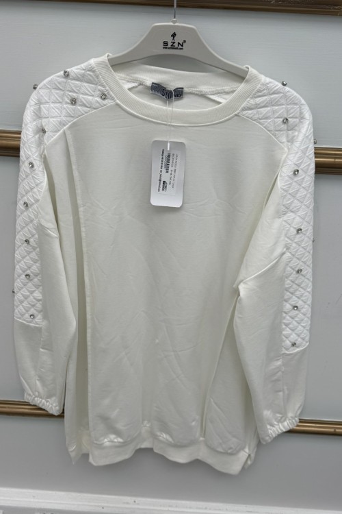 Kapitone Taşlı Tunik  Beyaz