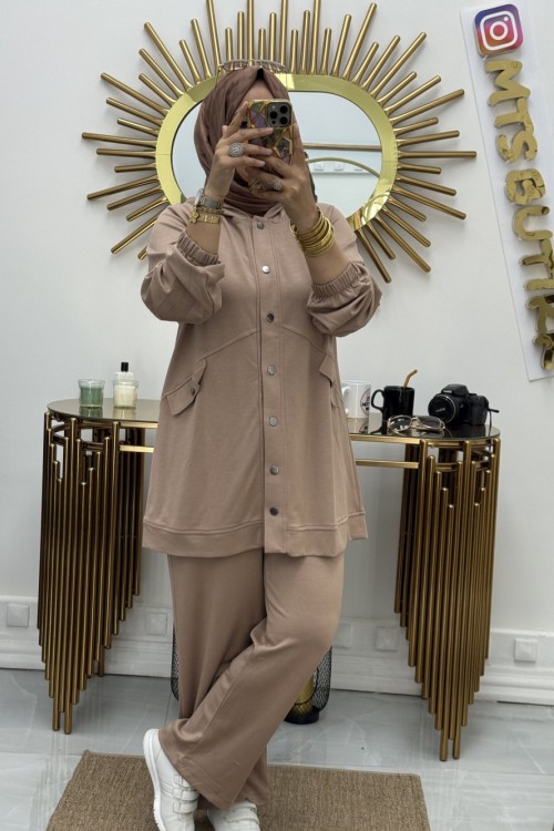 Kapşonlu Süs Cep Takım Camel