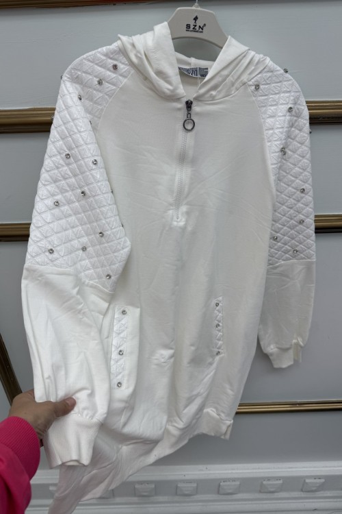 Kapşonlu Taşlı Kap Beyaz