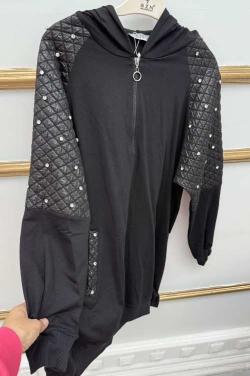 Kapşonlu Taşlı Kap Siyah