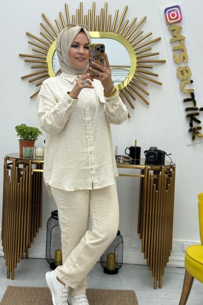 Keten Takım Çizgili  Krem