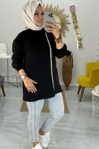 Kolu Güpürlü Tunik Siyah