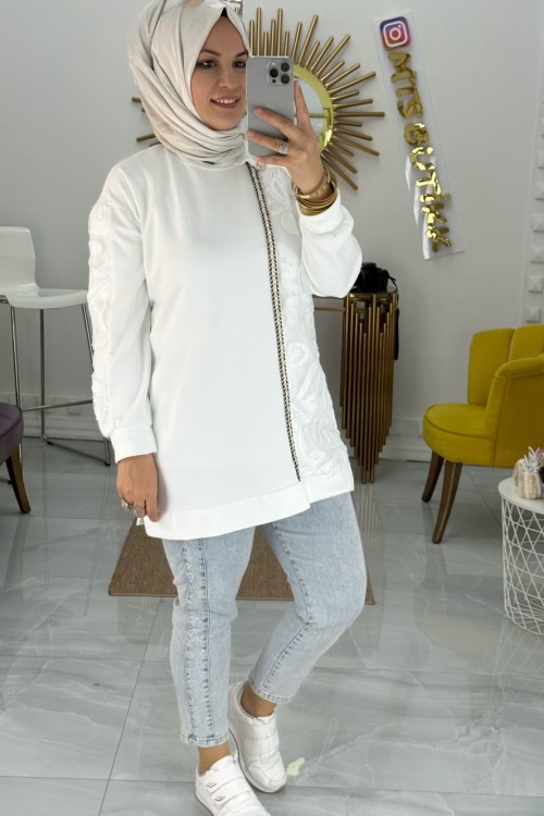 Kolu Güpürlü Tunik Beyaz
