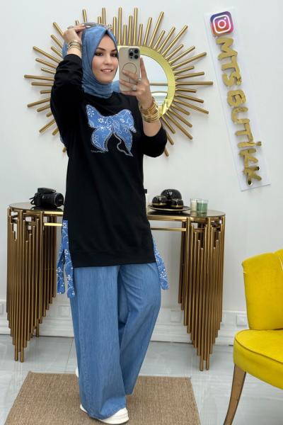 Kot Garnili Kelebek Tunik  Siyah