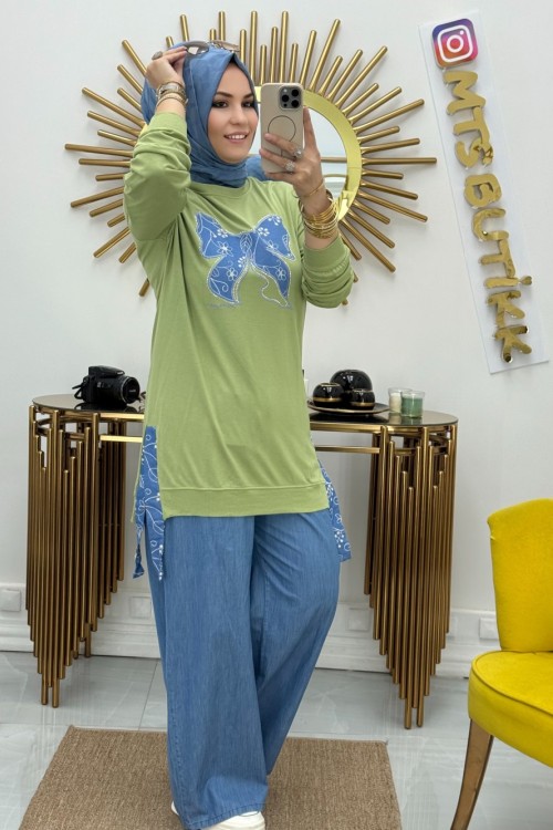 Kot Garnili Kelebek Tunik  Mint Yeşili