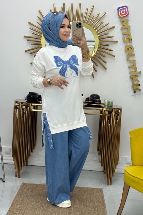 Kot Garnili Kelebek Tunik  Beyaz