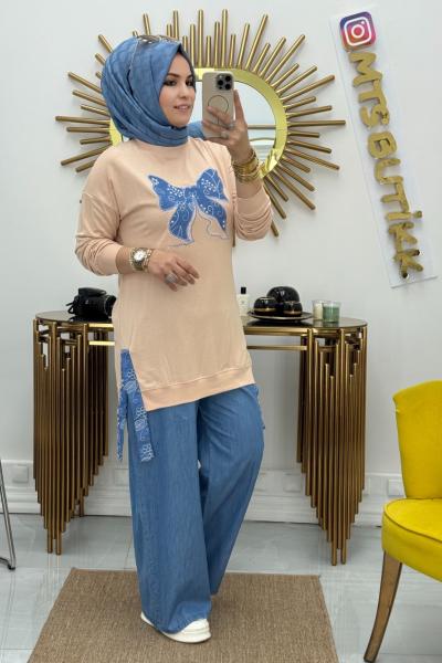 Kot Garnili Kelebek Tunik  Krem