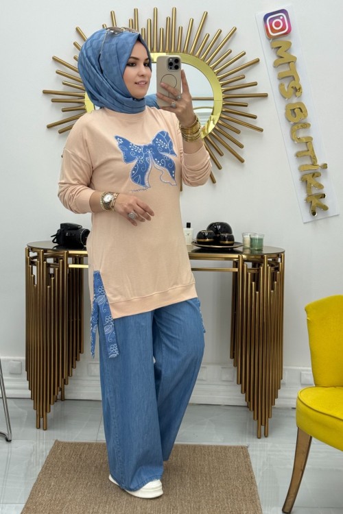 Kot Garnili Kelebek Tunik  Krem