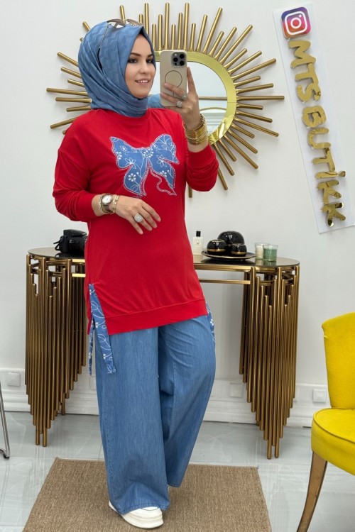 Kot Garnili Kelebek Tunik  Kırmızı