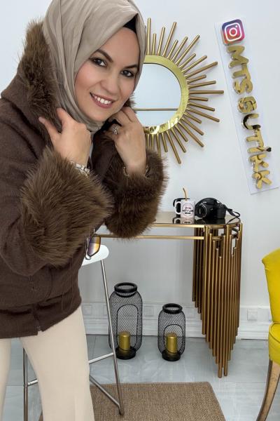 Kürk Detaylı Kaşe Mont  Kahverengi