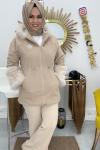 Kürk Detaylı Kaşe Mont  Camel