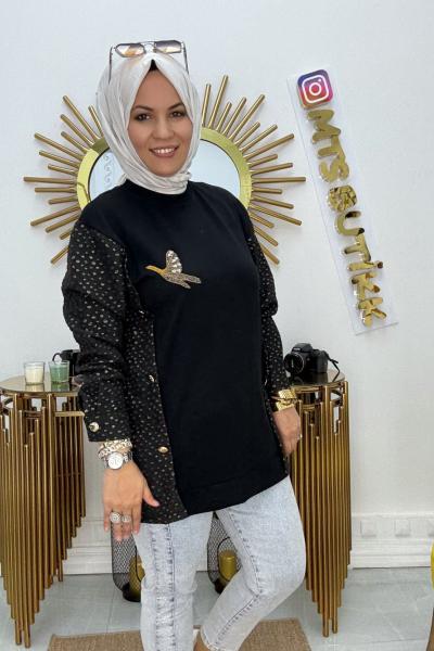 Kuşlu Tunik Gold Düğme  Siyah