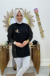 Kuşlu Tunik Gold Düğme  Siyah