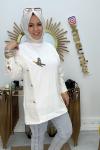 Kuşlu Tunik Gold Düğme  Beyaz