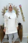 Kuşlu Tunik Gold Düğme  Beyaz