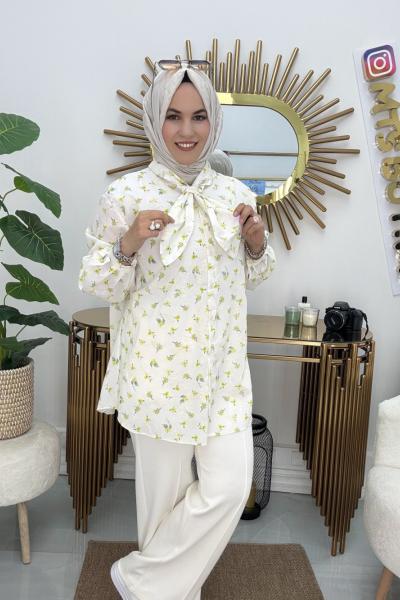 Lale Desenli Fular Yaka Tunik”  Mint Yeşili