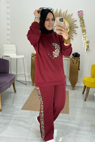 Leopar Şeritli Takım  Bordo
