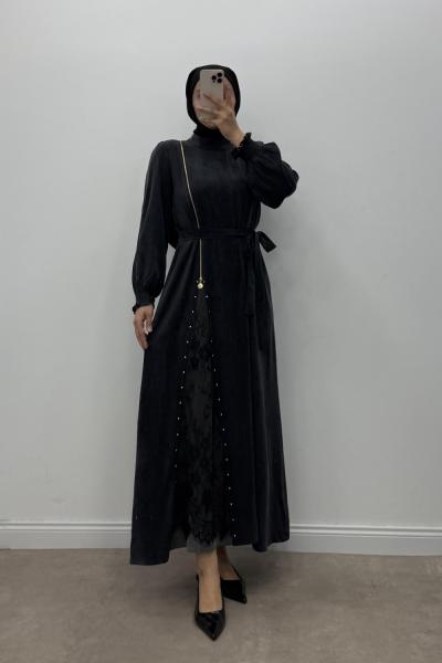 Marcha Prive  Dantel Detaylı İpek Kupra Elbise  Siyah