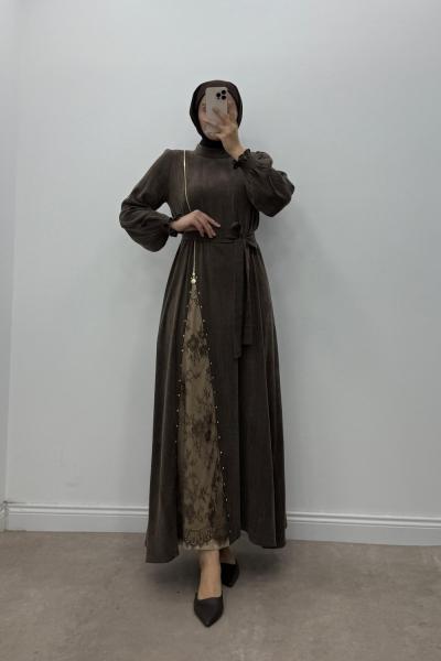 Marcha Prive  Dantel Detaylı İpek Kupra Elbise  Kahverengi