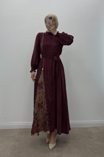 Marcha Prive  Dantel Detaylı İpek Kupra Elbise  Bordo