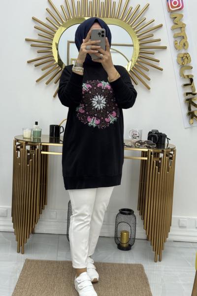 Nakışlı Tunik  Siyah