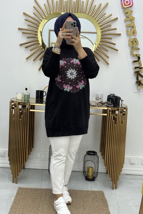 Nakışlı Tunik  Siyah