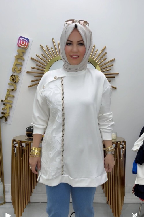 Omuz Düğmeli Dantelli Tunik  Beyaz