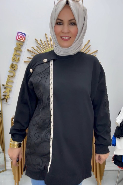 Omuz Düğmeli Dantelli Tunik  Siyah