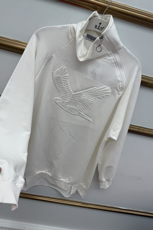 Omuz Fermuarlı Kuşlu  Tunik Beyaz