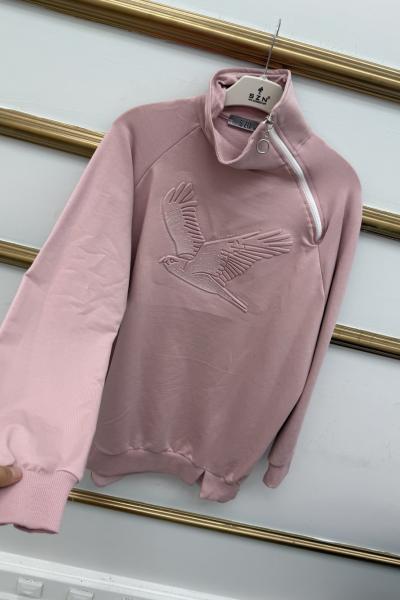 Omuz Fermuarlı Kuşlu  Tunik Pudra