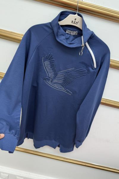 Omuz Fermuarlı Kuşlu  Tunik Mavi