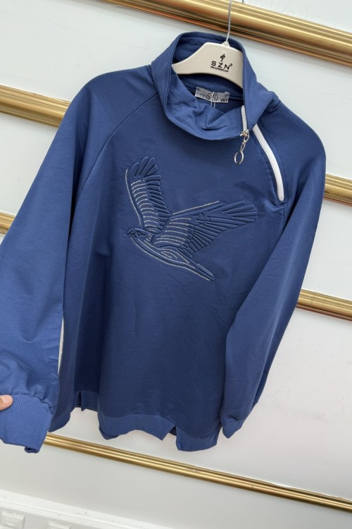 Omuz Fermuarlı Kuşlu  Tunik Mavi