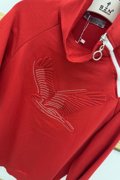 Omuz Fermuarlı Kuşlu  Tunik Kırmızı