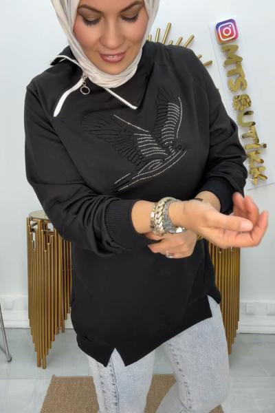 Omuz Fermuarlı Kuşlu  Tunik Siyah